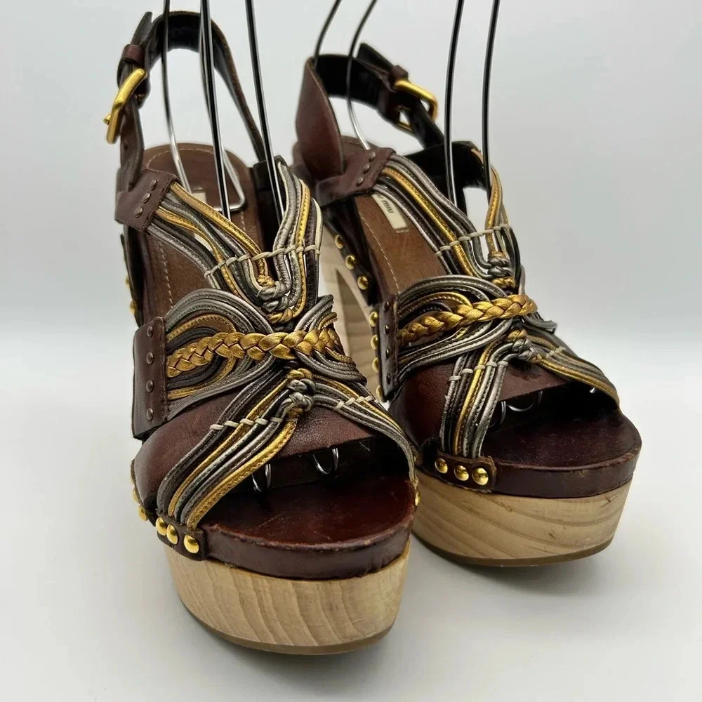 Miu Miu 36 Heel Sling Clog Wedge Platform Stud Brown Leather Wood Y2k boho tall
